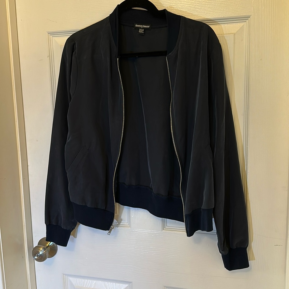 American Apparel lightweight navy blue bomber zip up with pockets